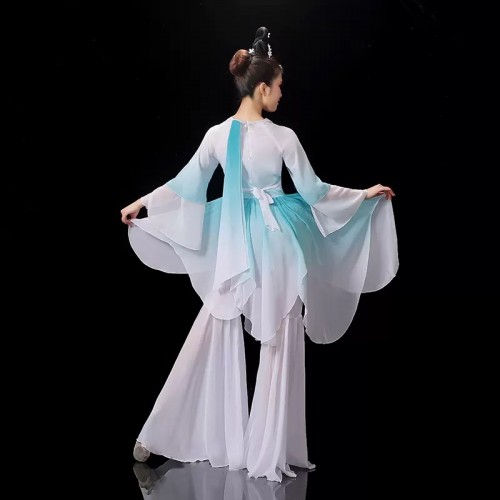 Blue Gradient Chinese folk Classical dance costumes Hanfu for women Girls Fairy Princess Ancient traditional Chinese Yangge Umbrella Fan dance suits